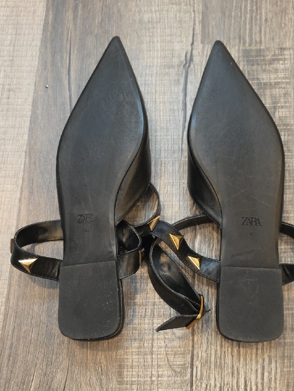 Zara Black Pointed Studded Ankle-Strap Flats with Gold Accents - Picture 4 of 5
